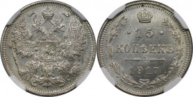 15 Kopeken 1917 BC
Russische Münzen und Medaillen, Nikolaus II. (1894-1918). 15 Kopeken 1917 BC. Silber. Bitkin 144 (R). NGC MS 65