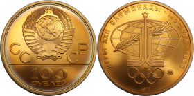 100 Rubel 1977 
Russische Münzen und Medaillen, UdSSR und Russland. XXII. Olympische Sommerspiele, Moskau 1980. 100 Rubel 1977. 17,28 g. 0.900 Gold. ...