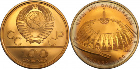 100 Rubel 1979 
Russische Münzen und Medaillen, UdSSR und Russland. XXII. Olympische Sommerspiele, Moskau 1980. 100 Rubel 1979. 17,28 g. 0.900 Gold. ...