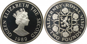 2 Pounds 1989 
Weltmünzen und Medaillen, Alderney. Königlicher Besuch. 2 Pounds 1989. 28,28 g. 0.925 Silber. 0.84 OZ. KM 1a. Polierte Platte