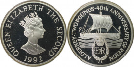 2 Pounds 1992 
Weltmünzen und Medaillen, Alderney. 40. Jahrestag der Herrschaft der Königin. 2 Pounds 1992. 28,28 g. 0.925 Silber. 0.84 OZ. KM 3a. Po...