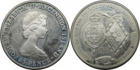 25 Pence 1981 
Weltmünzen und Medaillen, Ascension Island. Königliche Hochzeit - Charles & Diana. 25 Pence 1981. 28,28 g. 0.925 Silber. 0.84 OZ. KM 3...