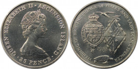25 Pence 1981 
Weltmünzen und Medaillen, Ascension Insel / Ascension Island. Königliche Hochzeit - Charles & Diana. 25 Pence 1981. Kupfer-Nickel. KM ...