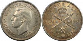 1 Florin (2 Shillings) 1951 
Weltmünzen und Medaillen, Australien / Australia. George VI (1937-1952). 50. Jahre Föderation. 1 Florin (2 Shillings) 19...