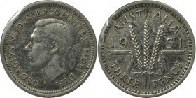 3 Pence 1951 
Weltmünzen und Medaillen, Australien / Australia. George VI. 3 Pence 1951. 1,41 g. 0.500 Silber. 0.03 OZ. KM 44. Stempelglanz