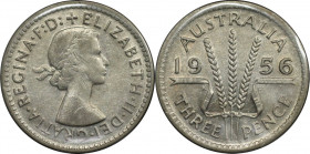 3 Pence 1956 
Weltmünzen und Medaillen, Australien / Australia. Elizabeth II. 3 Pence 1956. 1,41 g. 0.500 Silber. 0.03 OZ. KM 57. Fast Stempelglanz