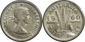 3 Pence 1960 
Weltmünzen und Medaillen, Australien / Australia. Elizabeth II. 3 Pence 1960. 1,41 g. 0.500 Silber. 0.03 OZ. KM 57. Fast Stempelglanz