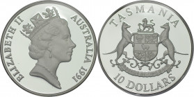 10 Dollars 1991 
Weltmünzen und Medaillen, Australien / Australia. "Tasmania". 10 Dollars 1991. 20,0 g. 0.925 Silber. 0.59 OZ. KM 153. Polierte Platt...