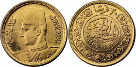 20 Piastres 1938 
Weltmünzen und Medaillen, Ägypten / Egypt. Farouk (1936-1952). 20 Piastres 1938 (AH1357), Misr. Hochzeit. Gold. 1,69 g. Friedberg 3...