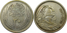 20 Piastres 1956 
Weltmünzen und Medaillen, Ägypten / Egypt. 20 Piastres 1956. Silber. KM 384. Stempelglanz