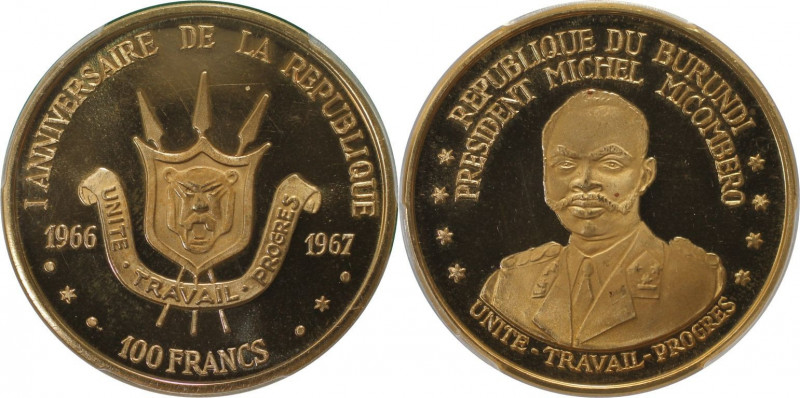 100 Francs 1967 
Weltmünzen und Medaillen, Burundi. Präsident Michel Micombero....