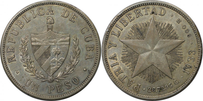 1 Peso 1933 
Weltmünzen und Medaillen, Kuba / Cuba. 1 Peso 1933. Silber. KM 15....