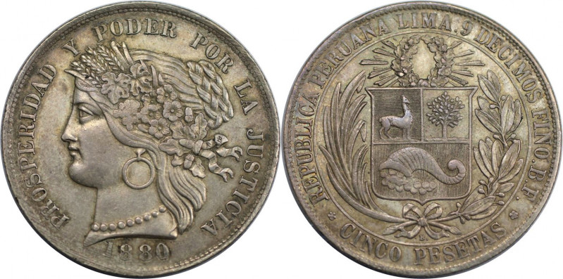 5 Pesetas 1880 BF
Weltmünzen und Medaillen, Peru. 5 Pesetas 1880 BF. Silber. KM...