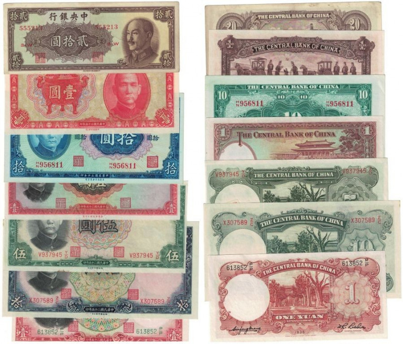 Lot von 7 Banknoten 1936-1948 
Banknoten, China, Lots und Sammlungen. Central B...