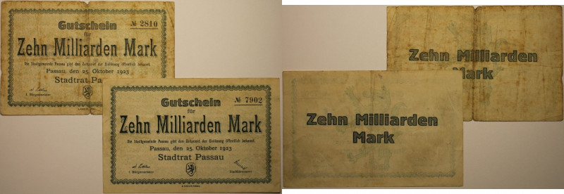 2 x 10 Milliarden Mark 1923 
Banknoten, Deutschland / Germany. Notgeld Passau, ...