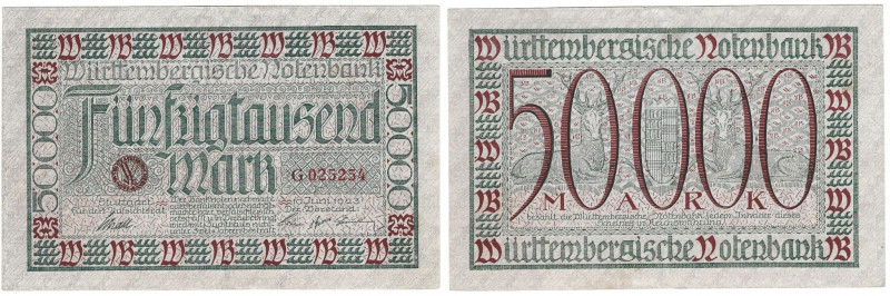 50000 Mark 1923 
Banknoten, Deutschland / Germany. Württemberg - Stuttgart - Wü...