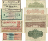 Lot von 5 Banknoten 1923 
Banknoten, Deutschland / Germany, Lots und Sammlungen. Notgeld Ostelbisches Braunkohlensyndikat, Berlin. 1 Million Mark, 2 ...