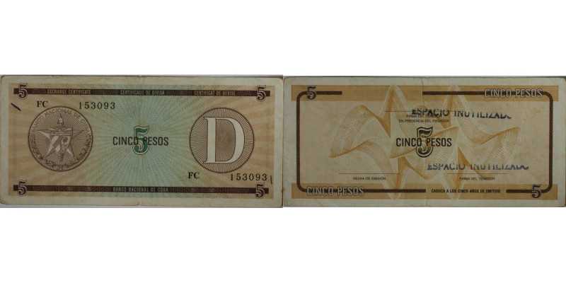 5 Pesos 1990 
Banknoten, Kuba / Cuba. 5 Pesos 1990. P.FX21. II