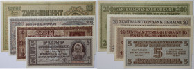 Lot von 4 Banknoten 1942 
Banknoten, Ukraine, Lots und Sammlungen. 5, 10, 20, 200 Karbowanez 10.3.1942. Pick: 51, 52, 53, 56. Lot von 4 Banknoten. I-...