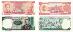 Lot von 2 Banknoten 1987 - 1989 
Banknoten, Venezuela, Lots und Sammlungen. 5 Bolivares 1989, 20 Bolivares 1987, Lot von 2 Banknoten. I