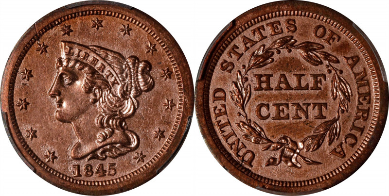 1845 Braided Hair Half Cent. Original. Large Berries. Proof. Unc Details--Tooled...