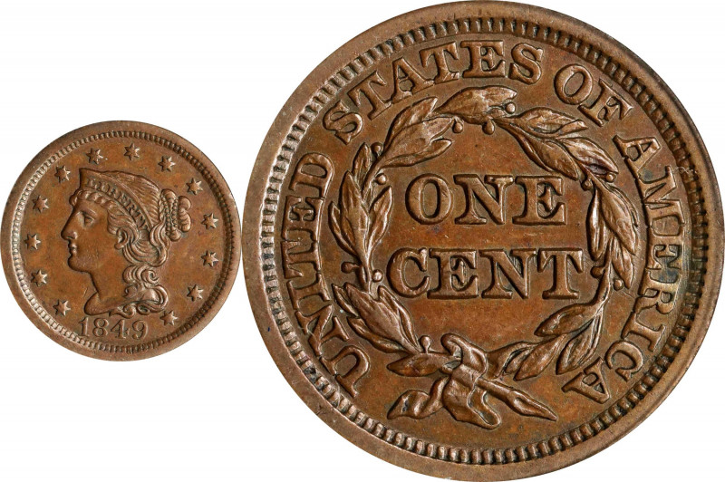 1849 Braided Hair Cent. AU-55 (PCGS).
PCGS# 1886. NGC ID: 226F.
Estimate: $0.0...