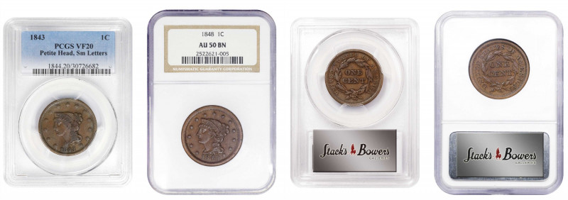 Lot of (2) Certified 1840s Braided Hair Cents.
Included are: 1843 Petite Head, ...