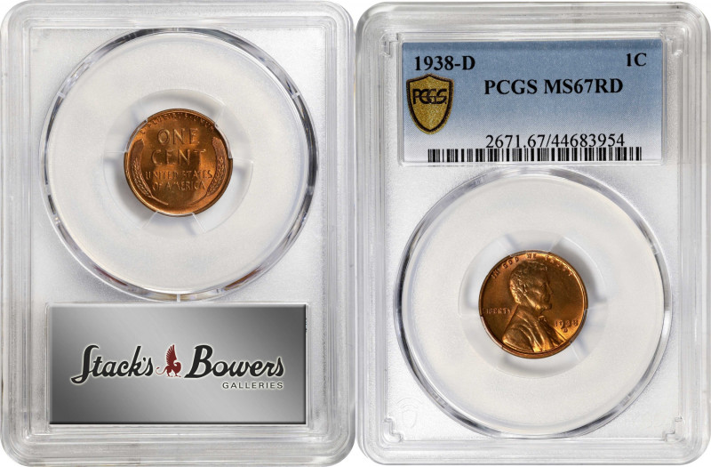 1938-D Lincoln Cent. MS-67 RD (PCGS).
PCGS# 2671. NGC ID: 22DM.
Estimate: $0.0...