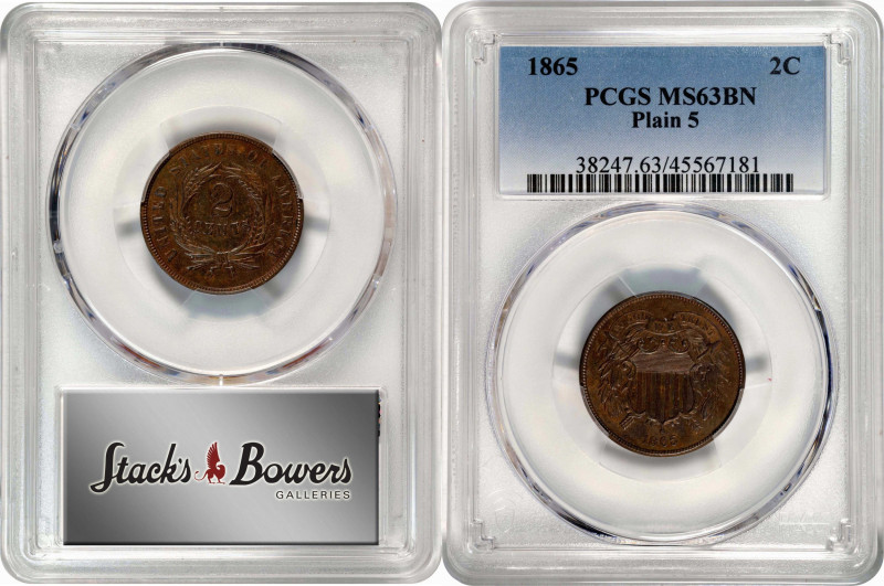 1865 Two-Cent Piece. Plain 5. MS-63 BN (PCGS).
PCGS# 38247. NGC ID: 22NA.
Esti...