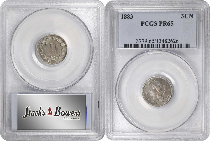 1883 Nickel Three-Cent Piece. Proof-65 (PCGS).
PCGS# 3779. NGC ID: 2765.
Estim...