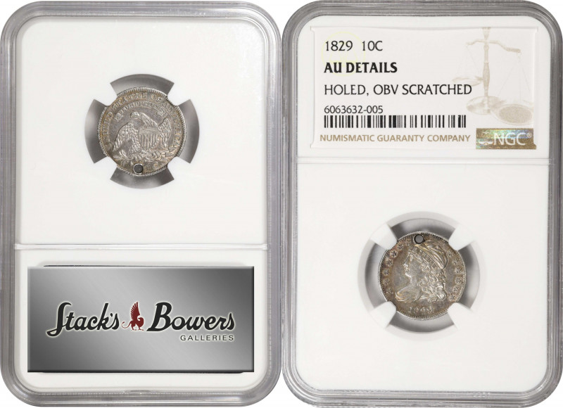 1829 Capped Bust Dime. Small 10 C. AU Details--Holed, Obverse Scratched (NGC).
...