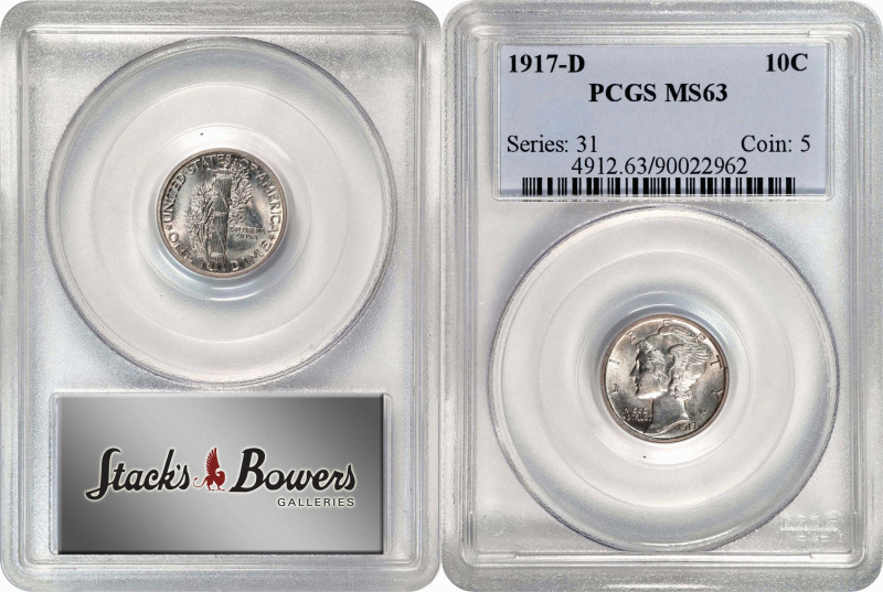 1917-D Mercury Dime. MS-63 (PCGS).
PCGS# 4912. NGC ID: 23H3.
Estimate: $0.00- ...