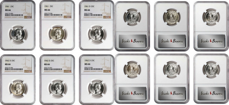 Lot of (6) 1960s 90% Silver Washington Quarters. MS-66 (NGC).
Included are: (2)...