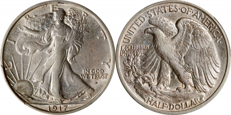 1917-D Walking Liberty Half Dollar. Obverse Mintmark. AU Details--Cleaned (PCGS)...