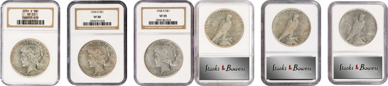 Lot of (3) Very Fine 1934-S Peace Silver Dollars. (NGC).
Included are: VF-25; V...