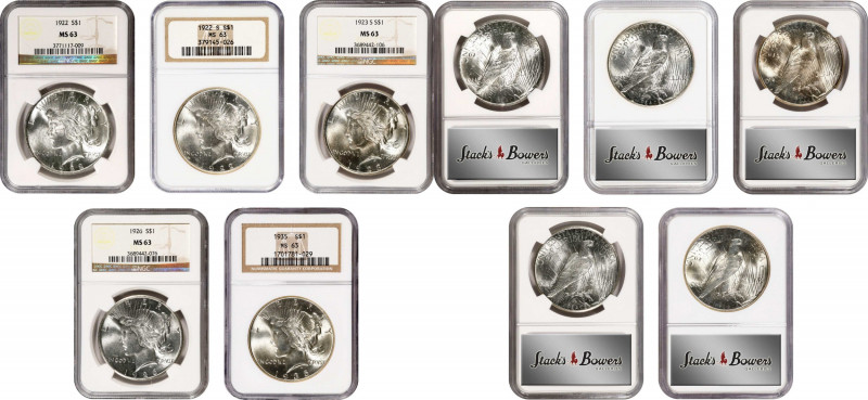 Lot of (5) Peace Silver Dollars. MS-63 (NGC).
Included are: 1922; 1922-S; 1923-...