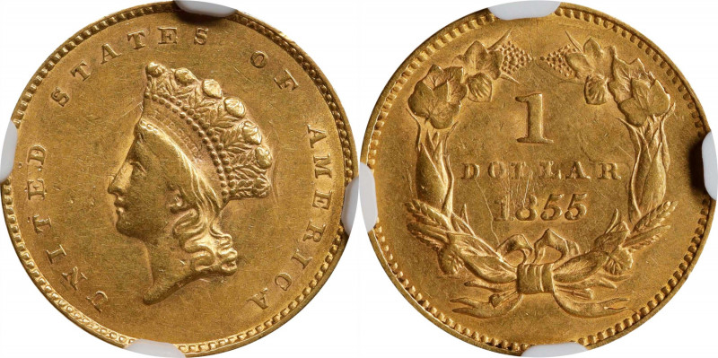 1855 Gold Dollar. Type II. AU-55 (NGC).
PCGS# 7532. NGC ID: 25C4.
Estimate: $0...