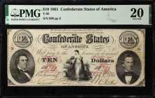 T-26. Confederate Currency. 1861 $10. PMG Very Fine 20. Solid Serial Number.
Solid Serial Number. No. 999, Plate Z. PMG comments "Cut Cancelled, Repa...