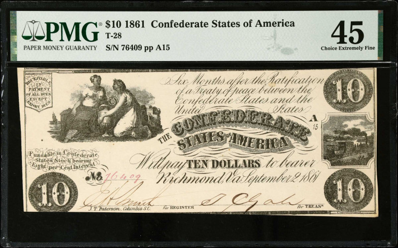 T-28. Confederate Currency. 1861 $10. PMG Choice Extremely Fine 45.
No. 76409, ...