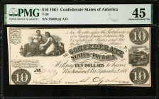 T-28. Confederate Currency. 1861 $10. PMG Choice Extremely Fine 45.
No. 76409, Plate A15.
Estimate: $250.00- $350.00