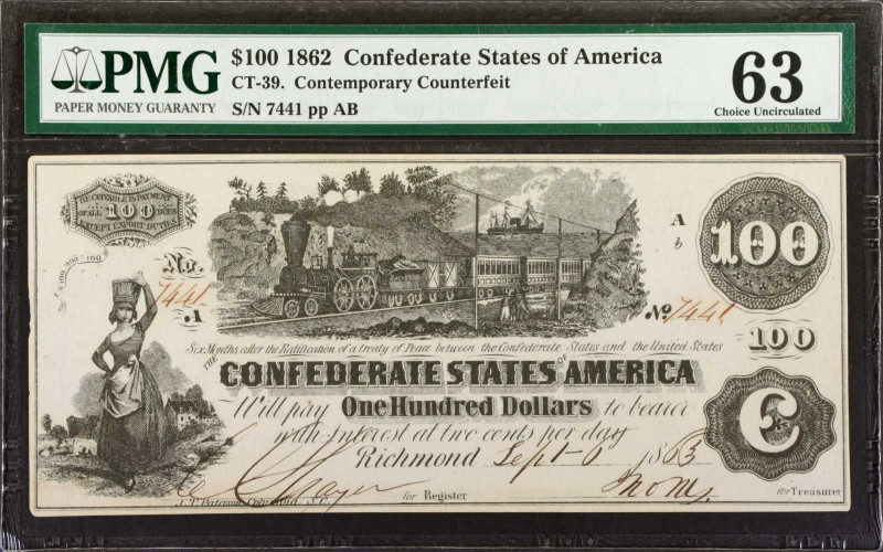 CT-39. Confederate Currency. 1862 $100. PMG Choice Uncirculated 63. Contemporary...