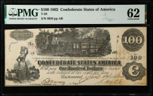 T-39. Confederate Currency. 1862 $100. PMG Uncirculated 62.
No. 6828, Plate AB. PMG comments "Stains."
Estimate: $80.00- $120.00