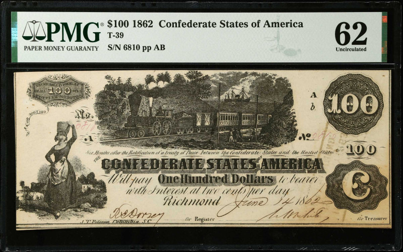 Lot of (4) T-39. Confederate Currency. 1862 $100. PMG About Uncirculated 55 & Un...