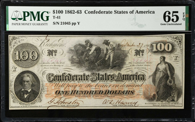 T-41. Confederate Currency. 1862-63 $100. PMG Gem Uncirculated 65 EPQ.
No. 2104...