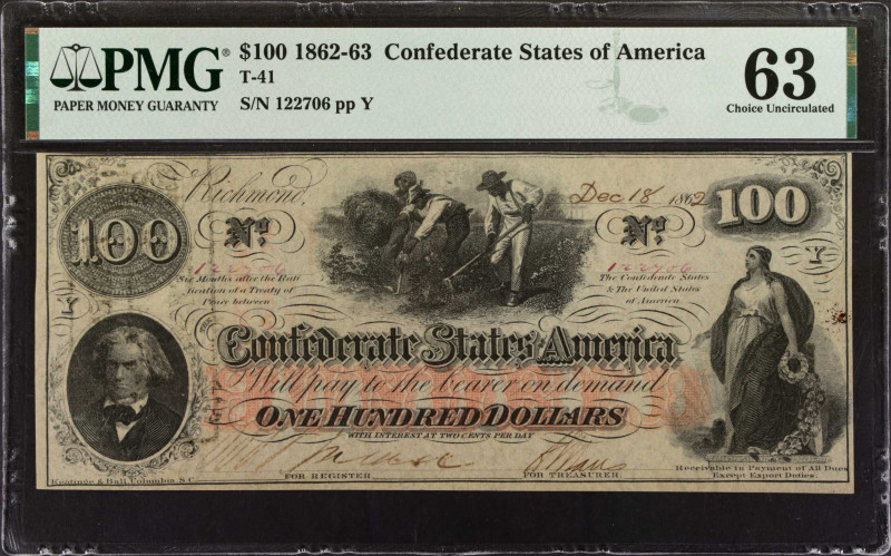 T-41. Confederate Currency. 1862-63 $100. PMG Choice Uncirculated 63.
No. 12270...