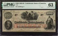 T-41. Confederate Currency. 1862-63 $100. PMG Choice Uncirculated 63.
No. 122706, Plate Y. A popular Cotton Picker note, offered here in a Choice Unc...