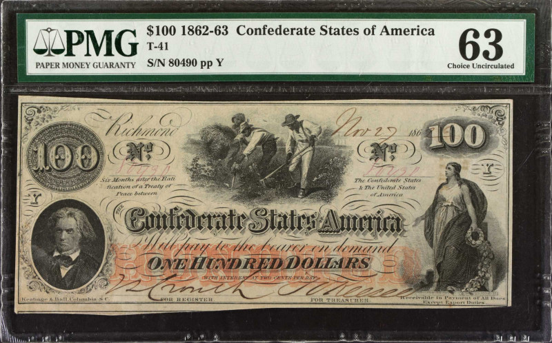 T-41. Confederate Currency. 1862-63 $100. PMG Choice Uncirculated 63.
No. 80490...