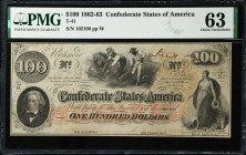 T-41. Confederate Currency. 1862-63 $100. PMG Choice Uncirculated 63.
No. 102196, Plate W. A popular Cotton Picker note.
Estimate: $250.00- $350.00