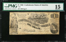 T-44. Confederate Currency. 1862 $1. PMG Choice Fine 15.
No. 16912, Plate 2. PMG comments "Tear."
Estimate: $60.00- $80.00