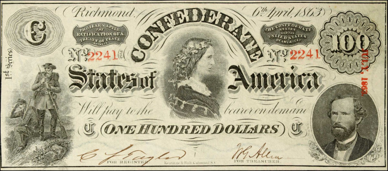 T-56. Confederate Currency. 1863 $100. Choice About Uncirculated.
No. 2241. Jul...